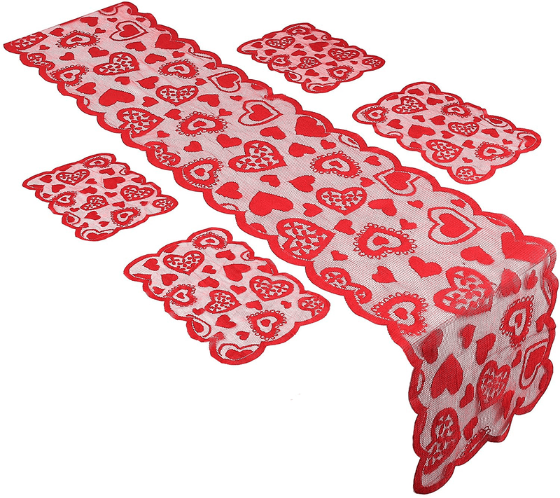 Boao 5 Pieces Valentine'S Day Table Runner and Placemat Set, Heart Table Runner Cloth and Table Placemat Lace Embroidery Heart Table Decoration for Valentines Wedding Party Decoration