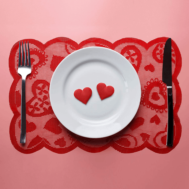 Boao 5 Pieces Valentine'S Day Table Runner and Placemat Set, Heart Table Runner Cloth and Table Placemat Lace Embroidery Heart Table Decoration for Valentines Wedding Party Decoration