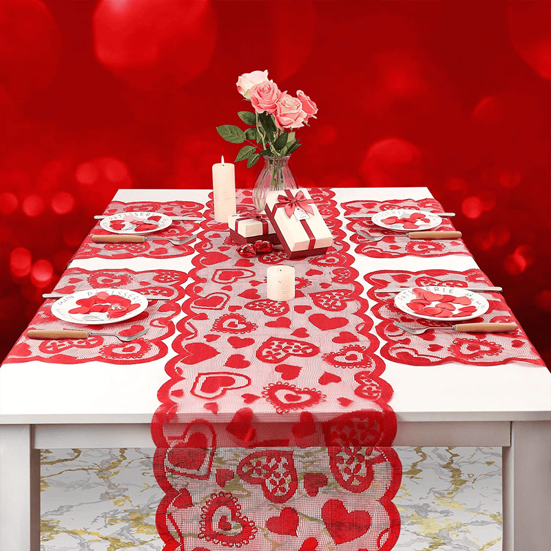 Boao 5 Pieces Valentine'S Day Table Runner and Placemat Set, Heart Table Runner Cloth and Table Placemat Lace Embroidery Heart Table Decoration for Valentines Wedding Party Decoration Home & Garden > Decor > Seasonal & Holiday Decorations Boao   