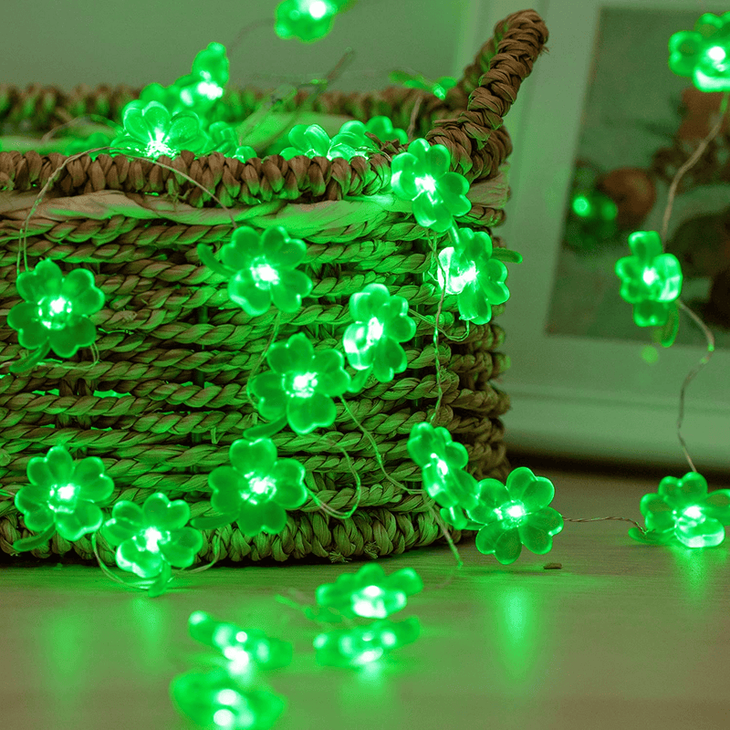 BOHON Decorative Lights Shamrocks LED String Lights Battery Operated with Remote 10 Ft 40 Leds Lucky Clover Handmade String Lights for Bedroom Party Feast of St. Patrick'S Day Green Decoration