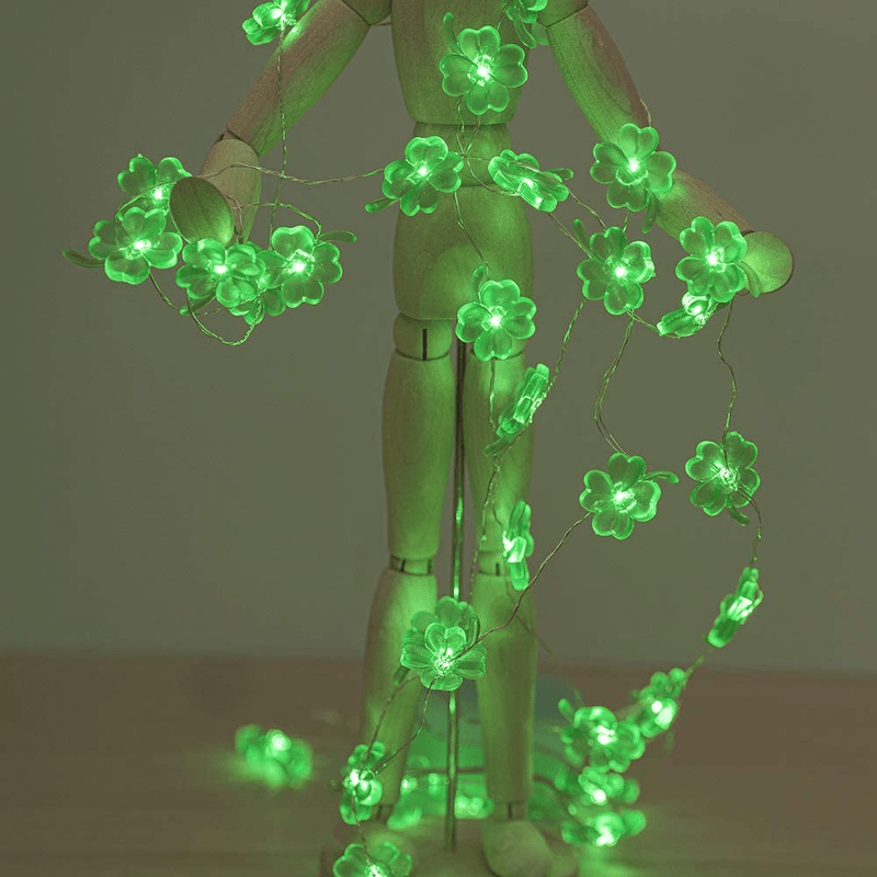 BOHON Decorative Lights Shamrocks LED String Lights Battery Operated with Remote 10 Ft 40 Leds Lucky Clover Handmade String Lights for Bedroom Party Feast of St. Patrick'S Day Green Decoration
