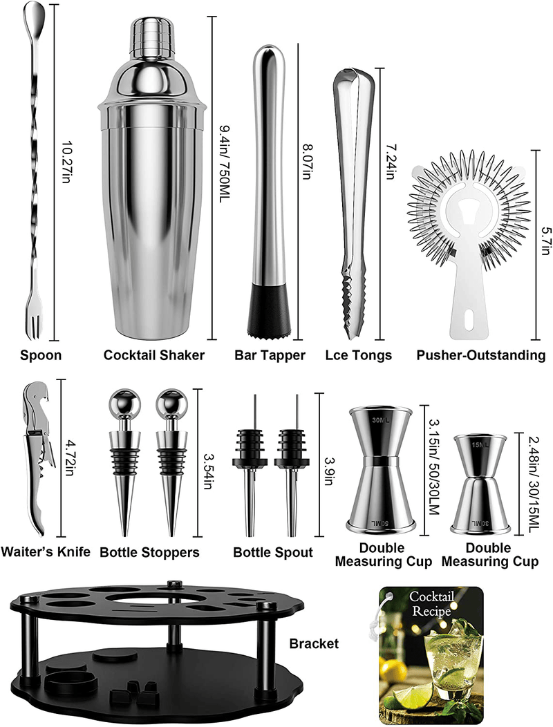 Bokhot Bartender Kit, 14 Piece Cocktail Shaker Set Stainless Steel Bar Tools with Rotating Stand, 25 oz Shaker Tins, Jigger, Spoon, Pourers, Muddler, Strainer, Tongs, Bottle Stoppers, Opener, Recipes…