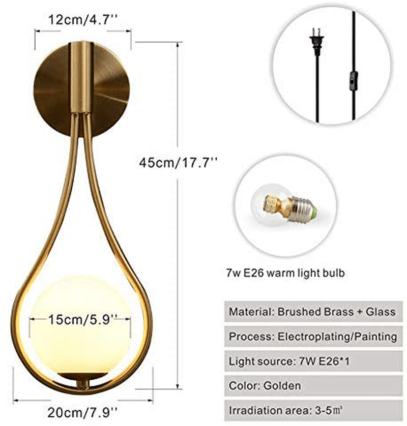 BOKT Modern Glass Wall Lamp Gold Wall Mounted Sconces,Mid-Century Bedroom Bedsides Water Drop Wall Light Home Decoration (Plug In-2Pack) Home & Garden > Lighting > Lighting Fixtures > Wall Light Fixtures KOL DEALS   