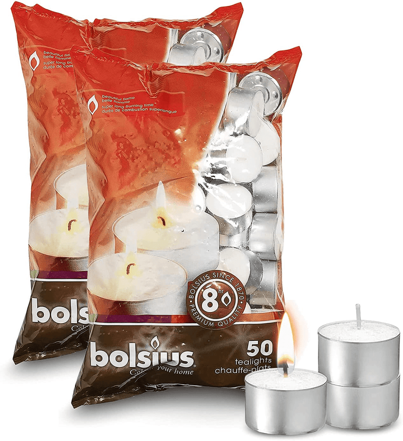 BOLSIUS 103630519700 Tealight, Paraffin Wax, White, Pack of 50 8 Hour Tealights