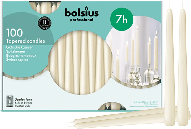 BOLSIUS Long Household Ivory Taper Candles - 10-inch Unscented Premium Quality Wax - 7 Hour Long Burning Dripless Candles Bulk Pack of 100 for Home Decor, Wedding, Parties and Special Occasions