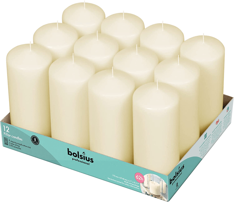 BOLSIUS Set of 12 Ivory Pillar Candles - Unscented 43 Hour Long Lasting Candles - 2.75-x 5-inch Dripless Clean Burning Smokeless Dinner Candle - Perfect for Weddings Parties and Special Occasions