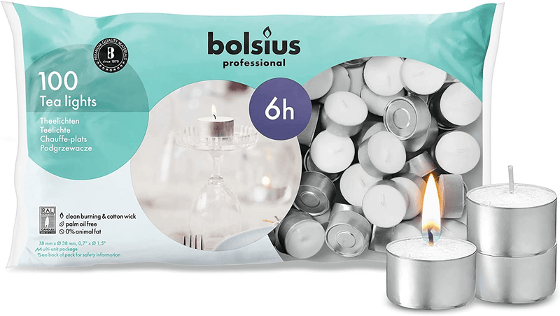 BOLSIUS Tea Lights Candles - Bulk Pack of White Unscented Candle Lights with 6 Hour Burning Time - Tea Candles for Wedding, Home, Parties, and Special Occasions (Pack of 100) Home & Garden > Decor > Home Fragrances > Candles BOLSIUS Pack of 100  