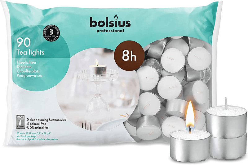 BOLSIUS Tea Lights Candles - Pack of 90 White Unscented Candle Lights with 8 Hour Burning Time - Tea Candles for Wedding, Home, Parties, and Special Occasions Home & Garden > Decor > Home Fragrances > Candles BOLSIUS Pack of 90  