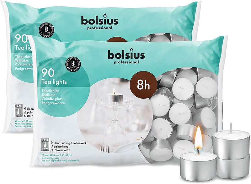 BOLSIUS Tea Lights Candles - Pack of 90 White Unscented Candle Lights with 8 Hour Burning Time - Tea Candles for Wedding, Home, Parties, and Special Occasions Home & Garden > Decor > Home Fragrances > Candles BOLSIUS Pack of 180  