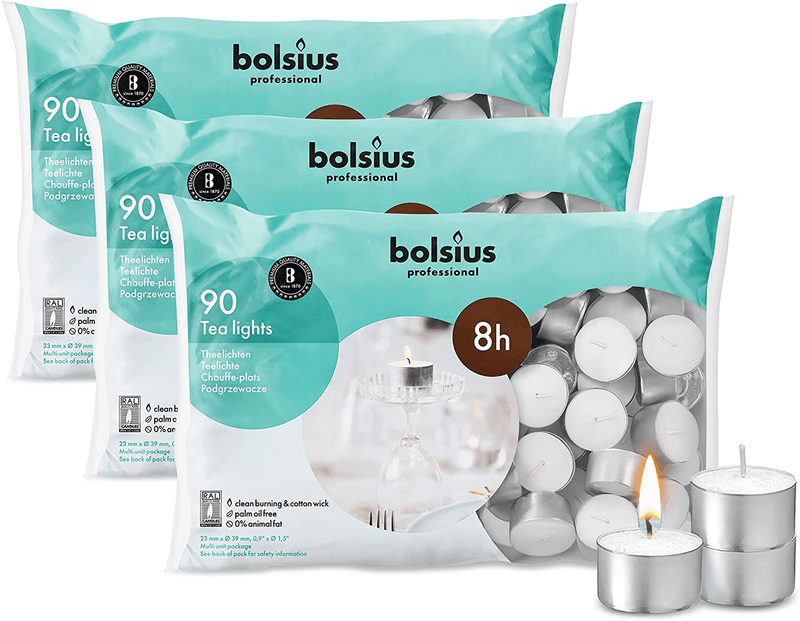 BOLSIUS Tea Lights Candles - Pack of 90 White Unscented Candle Lights with 8 Hour Burning Time - Tea Candles for Wedding, Home, Parties, and Special Occasions Home & Garden > Decor > Home Fragrances > Candles BOLSIUS Pack of 270  