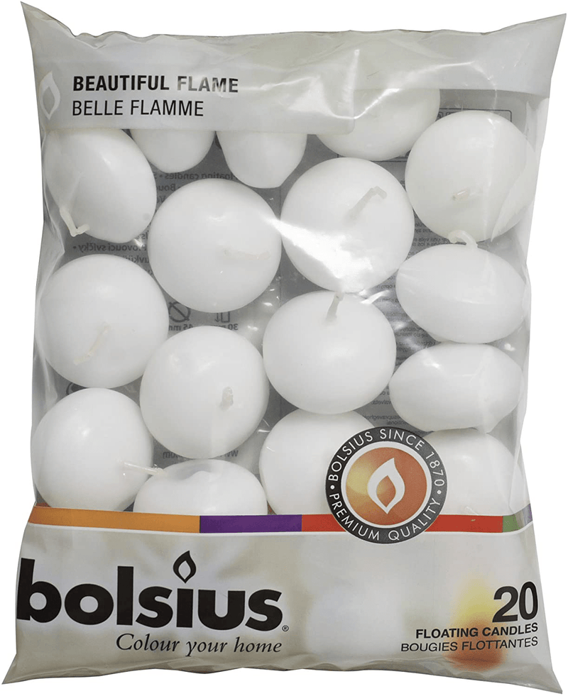 Bolsius Unscented 1.75" Floating Candles – Set of 20 White Floating Candles – Cute and Elegant Burning Candles – Candles with Nice and Smooth Flame – Party Accessories Home & Garden > Decor > Home Fragrances > Candles BOLSIUS 4.5cm w X 3cm h  