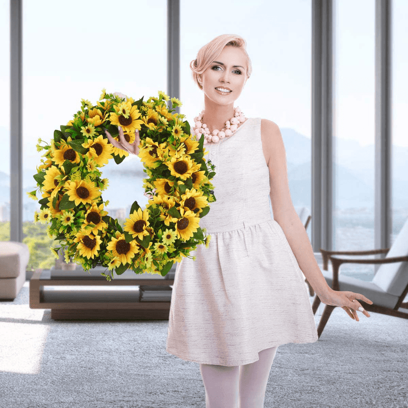BOMAROLAN Artificial Sunflower Wreath 20 Inch Summer Fall Large Wreaths Springtime All Year around Flower Green Leaves for Outdoor Front Door Indoor Wall or Window Décor