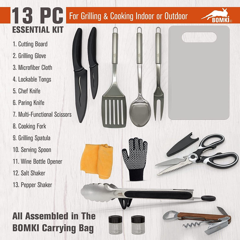 BOMKI Grilling and Camping Cooking Utensils Set for the Outdoors BBQ - Camping Utensil Set Camping Kitchen Set Cookware Accessories with Case Camping Essentials Camping Stuff Camp Cooking Set Sporting Goods > Outdoor Recreation > Winter Sports & Activities Safari Supply Chain LLC   