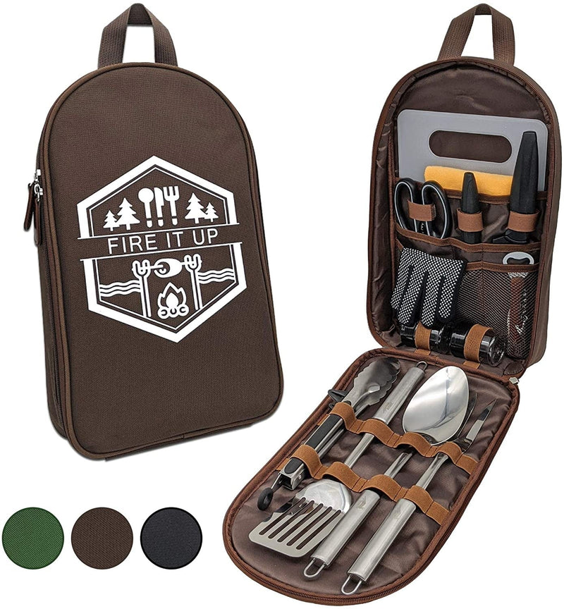 BOMKI Grilling and Camping Cooking Utensils Set for the Outdoors BBQ - Camping Utensil Set Camping Kitchen Set Cookware Accessories with Case Camping Essentials Camping Stuff Camp Cooking Set Sporting Goods > Outdoor Recreation > Winter Sports & Activities Safari Supply Chain LLC Brown  