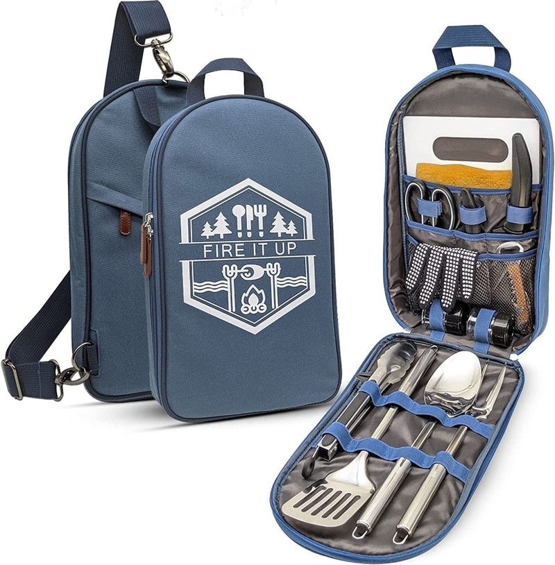 BOMKI Grilling and Camping Cooking Utensils Set for the Outdoors BBQ - Camping Utensil Set Camping Kitchen Set Cookware Accessories with Case Camping Essentials Camping Stuff Camp Cooking Set Sporting Goods > Outdoor Recreation > Winter Sports & Activities Safari Supply Chain LLC Blue  