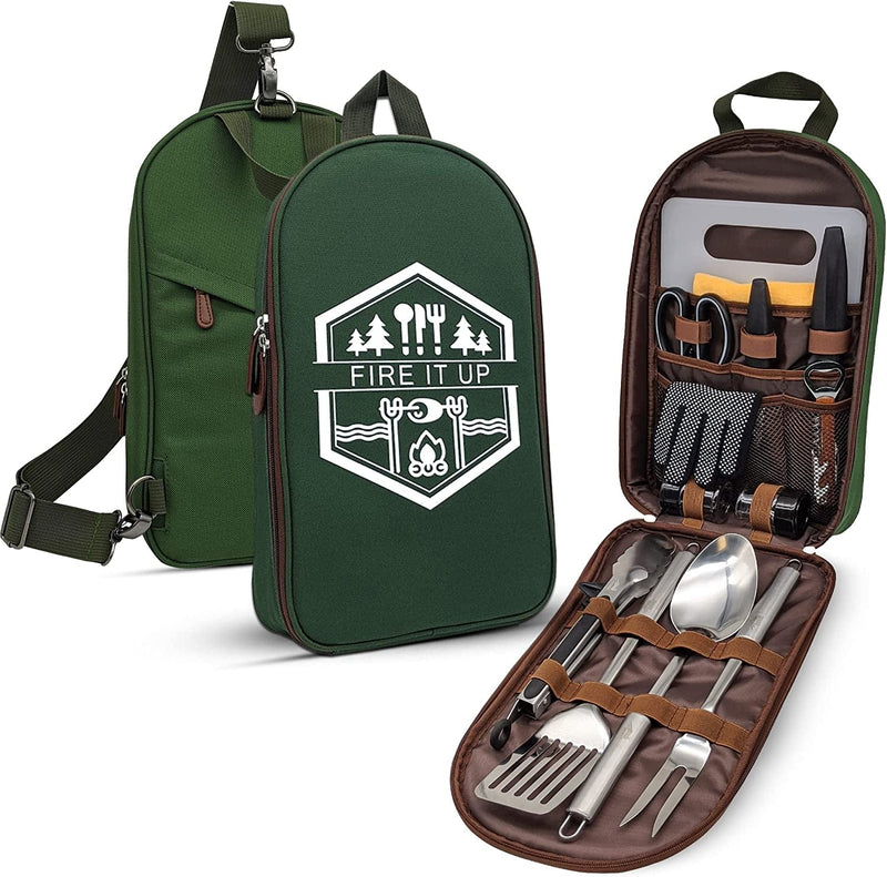 BOMKI Grilling and Camping Cooking Utensils Set for the Outdoors BBQ - Camping Utensil Set Camping Kitchen Set Cookware Accessories with Case Camping Essentials Camping Stuff Camp Cooking Set Sporting Goods > Outdoor Recreation > Winter Sports & Activities Safari Supply Chain LLC Green  