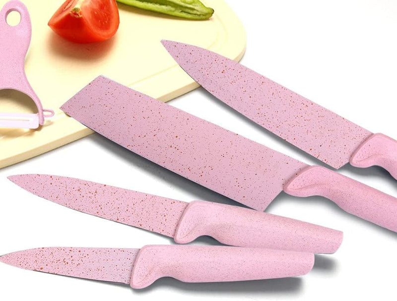 Bonaweite Wheat Straw Stainless Steel Kitchen Block Knife Set Chinese Chef Paring Utility Vegetable Fruit 5 in 1 Knives