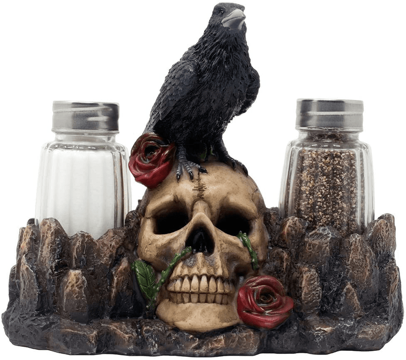 Bone Chilling Raven on Human Skull Salt and Pepper Shaker Set with Decorative Display Stand Figurine for Scary Halloween Decorations or Medieval & Gothic Kitchen Table Decor As Spooky Fantasy Gifts Home & Garden > Decor > Seasonal & Holiday Decorations Home 'n Gifts Default Title  
