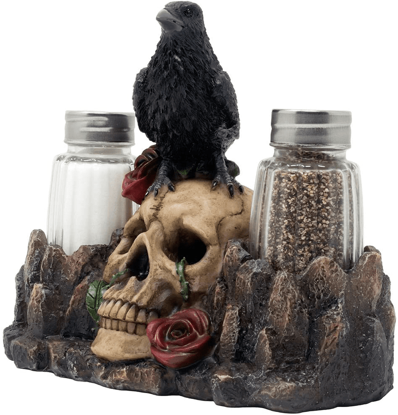 Bone Chilling Raven on Human Skull Salt and Pepper Shaker Set with Decorative Display Stand Figurine for Scary Halloween Decorations or Medieval & Gothic Kitchen Table Decor As Spooky Fantasy Gifts Home & Garden > Decor > Seasonal & Holiday Decorations Home 'n Gifts   