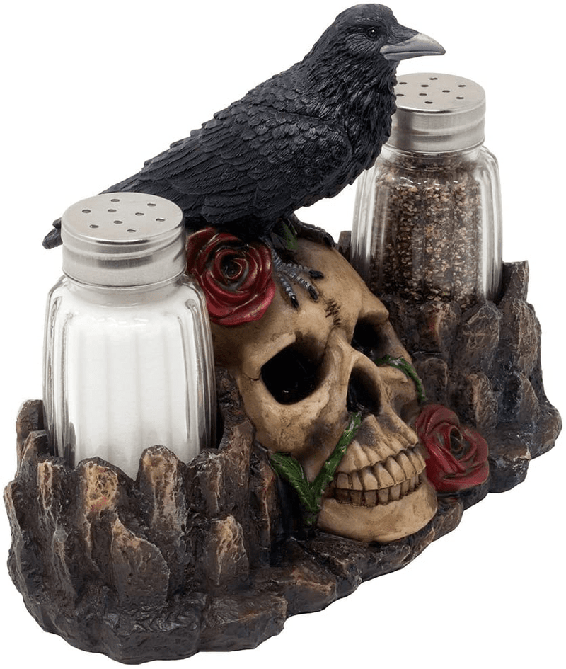 Bone Chilling Raven on Human Skull Salt and Pepper Shaker Set with Decorative Display Stand Figurine for Scary Halloween Decorations or Medieval & Gothic Kitchen Table Decor As Spooky Fantasy Gifts Home & Garden > Decor > Seasonal & Holiday Decorations Home 'n Gifts   