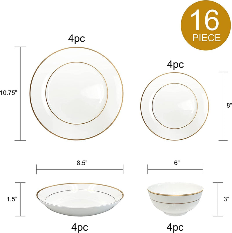 Bone China Dinnerware, 16PC Set, Service for 4, Double Gold Rim, White, Microwave Safe, Elegant Giftware, Dish Set, Essential Home, Everyday Living, Display, Decoration, Kitchen Dishes, Dinner Set