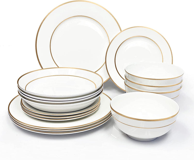 Bone China Dinnerware, 16PC Set, Service for 4, Double Gold Rim, White, Microwave Safe, Elegant Giftware, Dish Set, Essential Home, Everyday Living, Display, Decoration, Kitchen Dishes, Dinner Set Home & Garden > Kitchen & Dining > Tableware > Dinnerware QOUTIQUE Gold Rim 16PC 