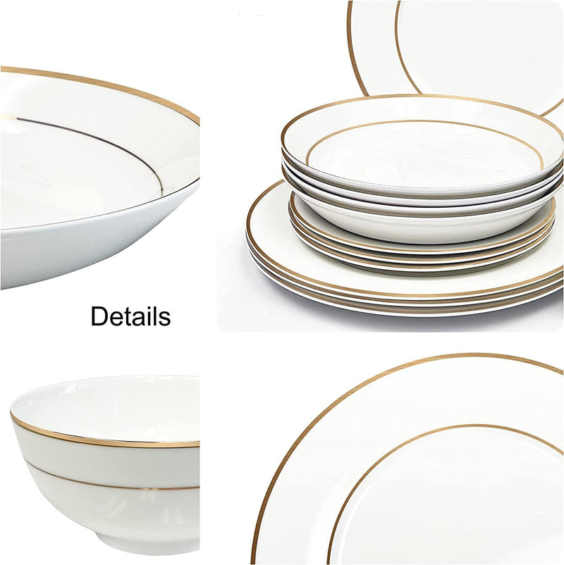 Bone China Dinnerware, 16PC Set, Service for 4, Double Gold Rim, White, Microwave Safe, Elegant Giftware, Dish Set, Essential Home, Everyday Living, Display, Decoration, Kitchen Dishes, Dinner Set Home & Garden > Kitchen & Dining > Tableware > Dinnerware QOUTIQUE   