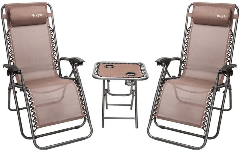 Bonnlo 3 PCS Zero Gravity Chair Patio Chaise Lounge Chairs Outdoor Yard Pool Recliner Folding Lounge Table Chair Set (Brown) Sporting Goods > Outdoor Recreation > Camping & Hiking > Camp Furniture Bonnlo Brown  