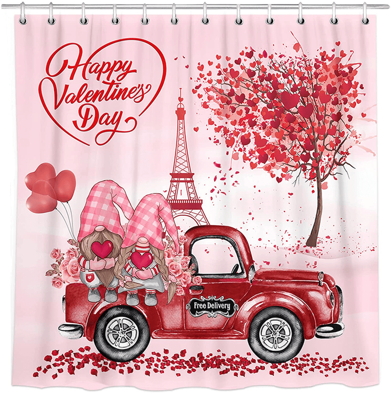 Bonsai Tree Valentine Shower Curtain, Waterproof Happy Valentines Day Bathroom Curtains for Women, Vintage Red Truck with Flowers Farmhouse Fabric Shower Curtains Hooks for Home Decor Gifts, 72"X72" Home & Garden > Decor > Seasonal & Holiday Decorations Bonsai Tree   