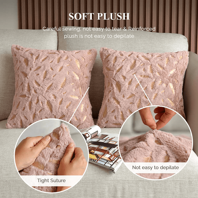 Bontalc Throw Pillows Covers 18X18 Set of 2 Luxury Hypoallergenic Faux Fur Gold Feathers Gilding Leaves Soft Pink Decorative Pillow Covers Cushions Cases for Living Room Bed Couch Sofa Car Home & Garden > Decor > Chair & Sofa Cushions Bontalc   