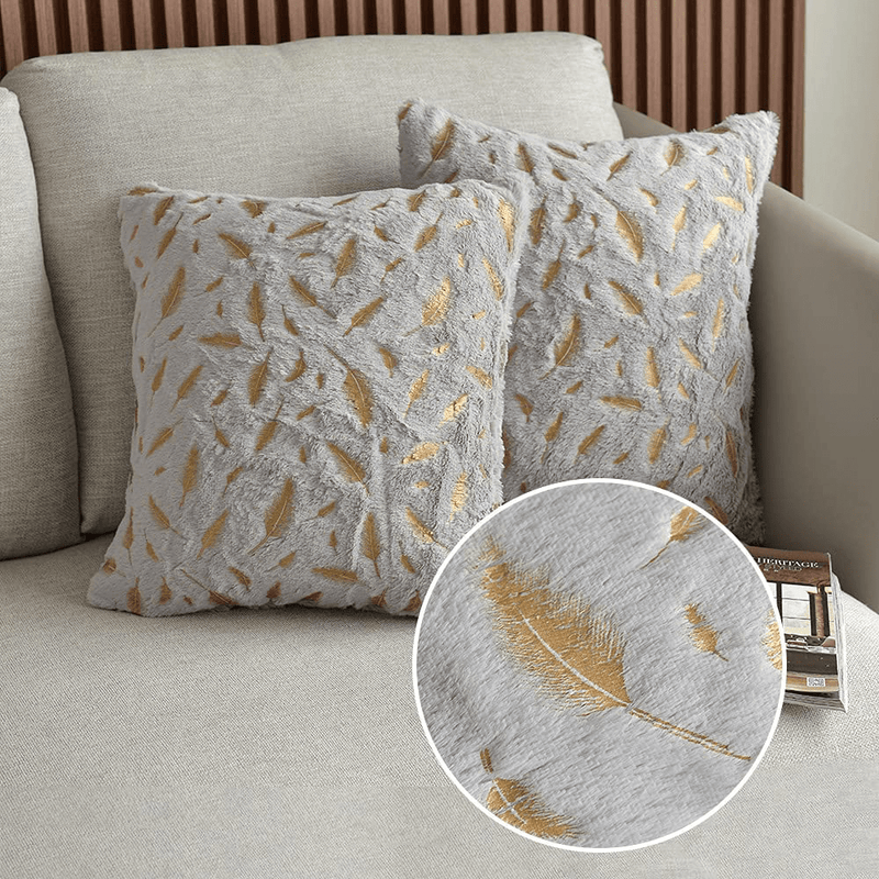 Bontalc Throw Pillows Covers 18X18 Set of 2 Luxury Hypoallergenic Faux Fur Gold Feathers Gilding Leaves Soft Pink Decorative Pillow Covers Cushions Cases for Living Room Bed Couch Sofa Car Home & Garden > Decor > Chair & Sofa Cushions Bontalc Grey 18''X18'' 