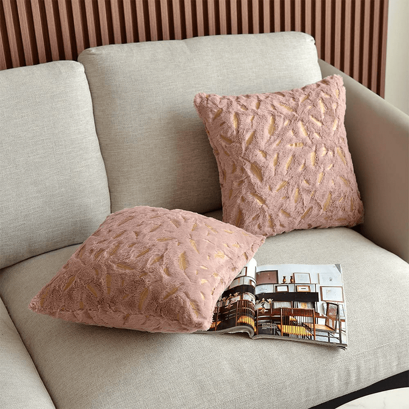 Bontalc Throw Pillows Covers 18X18 Set of 2 Luxury Hypoallergenic Faux Fur Gold Feathers Gilding Leaves Soft Pink Decorative Pillow Covers Cushions Cases for Living Room Bed Couch Sofa Car
