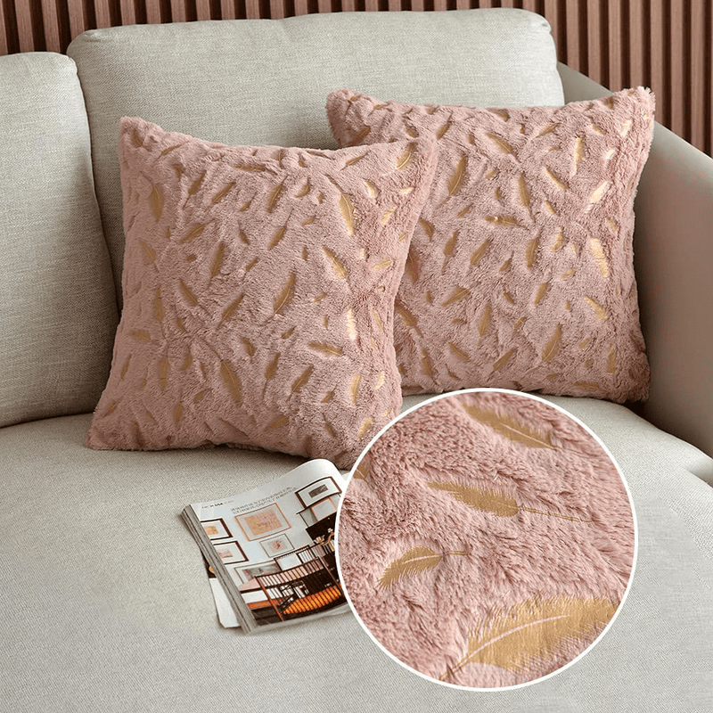 Bontalc Throw Pillows Covers 18X18 Set of 2 Luxury Hypoallergenic Faux Fur Gold Feathers Gilding Leaves Soft Pink Decorative Pillow Covers Cushions Cases for Living Room Bed Couch Sofa Car Home & Garden > Decor > Chair & Sofa Cushions Bontalc Pink 18''X18'' 