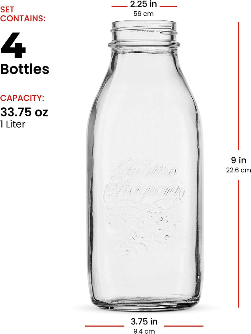 Bormioli Rocco Quattro Stagioni Glass Milk Bottle 33.75, 4 Pack, Clear