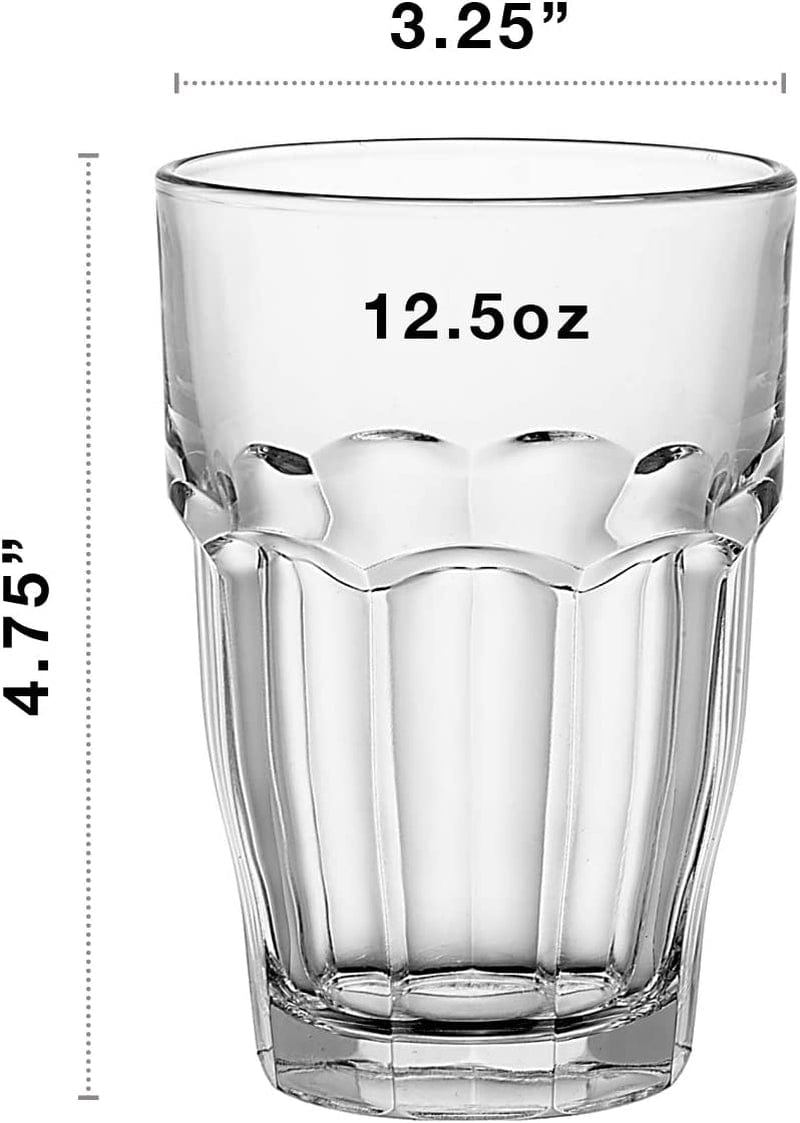 Bormioli Rocco Rock Bar Stackable Beverage Glasses – Set of 6 Dishwasher Safe Drinking Glasses for Soda, Juice, Milk, Coke, Beer, Spirits – 12.5Oz Durable Tempered Glass Water Tumblers for Daily Use