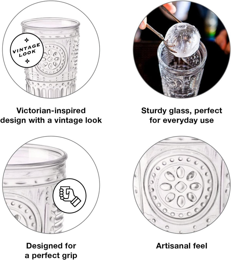Bormioli Rocco Romantic Water Glass [Set of 4] | 10.25 Oz Premium Glass Set for Refreshments, Soda & Beverages | Italian Quality Glassware, Perfect for Dinner Parties, Bars & Restaurants