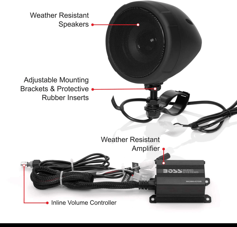 BOSS Audio Systems MCBK470B Motorcycle Bluetooth Speaker System - Class D Compact Amplifier, 3 Inch Weatherproof Speakers, Volume Control, Great for Use With ATVs and 12 Volt Vehicles  ‎No   