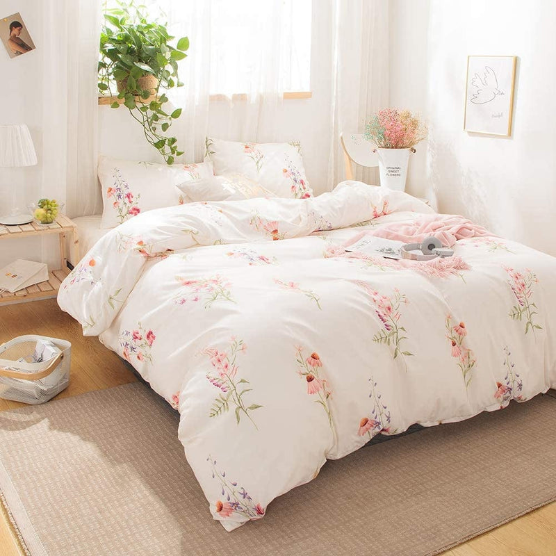 Botanical Floral Comforter Set Pink Flowers Comforter Set Pink Lavender Flowers Printed Soft Microfiber Pastoral Style Bedding Queen 1 Comforter 2 Pillowcases (Queen, Offwhite) Home & Garden > Linens & Bedding > Bedding > Quilts & Comforters Merryword   