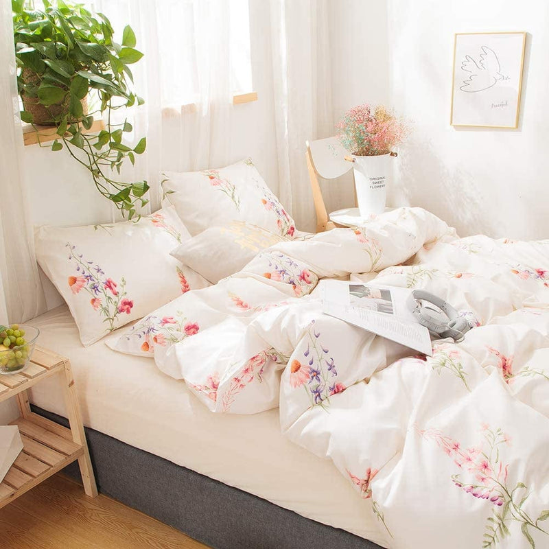Botanical Floral Comforter Set Pink Flowers Comforter Set Pink Lavender Flowers Printed Soft Microfiber Pastoral Style Bedding Queen 1 Comforter 2 Pillowcases (Queen, Offwhite) Home & Garden > Linens & Bedding > Bedding > Quilts & Comforters Merryword   