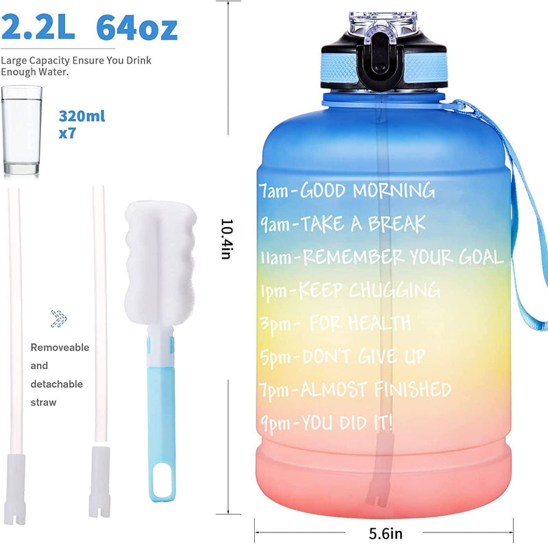 BOTTLE BOTTLE Large Half Gallon/64Oz Motivational Water Bottle with Straw& Handle， BPA Free Tritan Leakproof Water Jug for Fitness and Outdoor Sports. (Blueyellowpink)