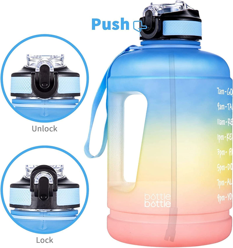 BOTTLE BOTTLE Large Half Gallon/64Oz Motivational Water Bottle with Straw& Handle， BPA Free Tritan Leakproof Water Jug for Fitness and Outdoor Sports. (Blueyellowpink)
