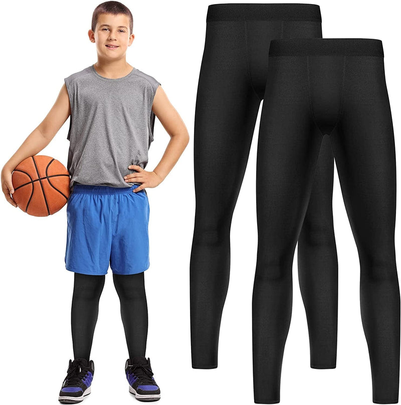 Boys' Compression Leggings 2 Pack Athletic Tights Basketball Compression Pants Boys Sport Leggings Sporting Goods > Outdoor Recreation > Winter Sports & Activities KOL DEALS Black Small 