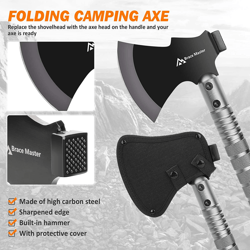 Brace Master Camping Shovel and Axe, Survival Multitool Shovel Axe，For Camping, Hiking, Backpacking, and Emergency