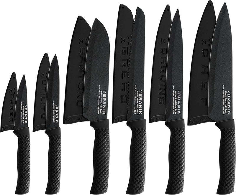 BRANIK 6Pc Black Kitchen Knife Set with Protective Sheaths & Giftbox, Premium German Steel with Special Non-Stick Coating Making Them Dishwasher Safe. Sharp Black Knives Set for Kitchen Knife Set. Home & Garden > Kitchen & Dining > Kitchen Tools & Utensils > Kitchen Knives BRANIK 6 Pc Kitchen Knife Set with Covers  