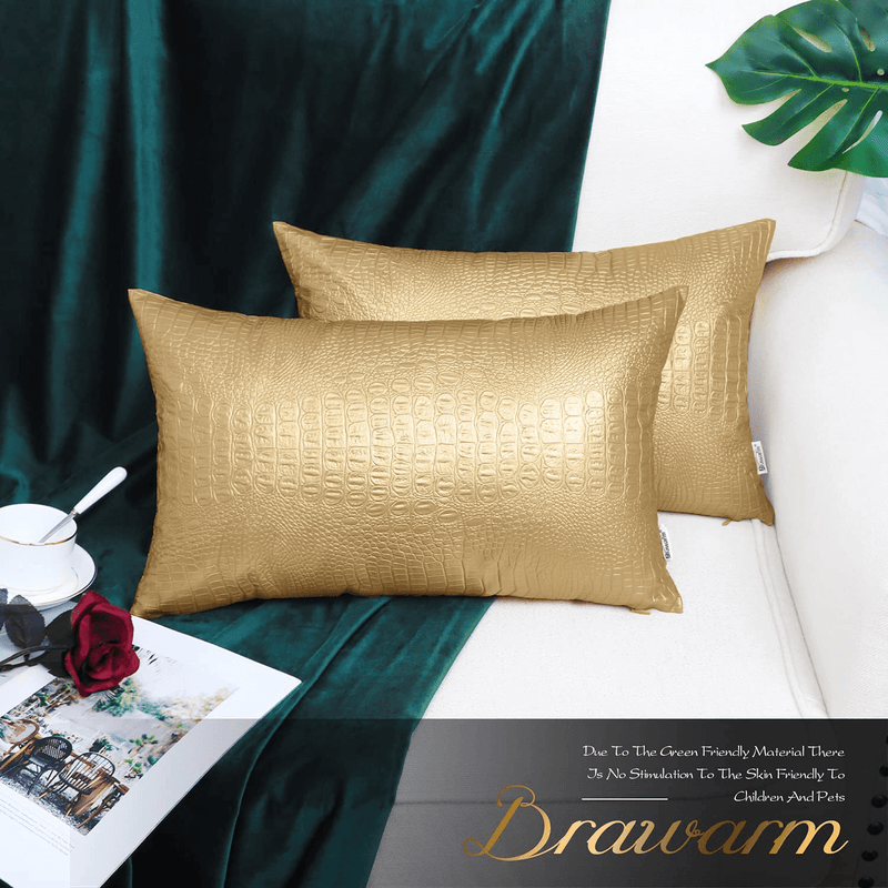 BRAWARM Pack of 2, Faux Leather Pillow Covers, Crocodile Faux Leather Pillow Cushion Covers, Decorative Pillows Covers for Living Room Garden Couch Bed Sofa Chair 12 X 20 Inches Gold Home & Garden > Decor > Chair & Sofa Cushions BRAWARM   