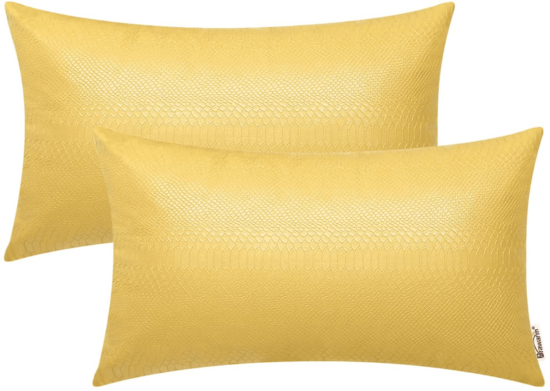 BRAWARM Pack of 2, Faux Leather Pillow Covers, Crocodile Faux Leather Pillow Cushion Covers, Decorative Pillows Covers for Living Room Garden Couch Bed Sofa Chair 12 X 20 Inches Gold Home & Garden > Decor > Chair & Sofa Cushions BRAWARM Yellow 12 X 20 Inches - Snake 