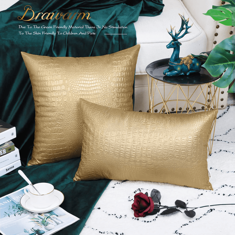BRAWARM Pack of 2, Faux Leather Pillow Covers, Crocodile Faux Leather Pillow Cushion Covers, Decorative Pillows Covers for Living Room Garden Couch Bed Sofa Chair 12 X 20 Inches Gold Home & Garden > Decor > Chair & Sofa Cushions BRAWARM   