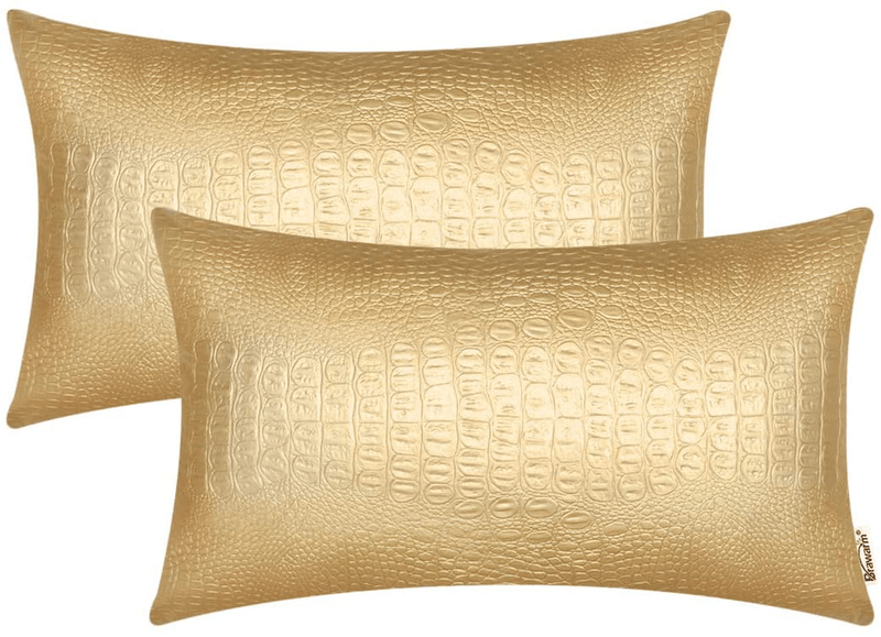 BRAWARM Pack of 2, Faux Leather Pillow Covers, Crocodile Faux Leather Pillow Cushion Covers, Decorative Pillows Covers for Living Room Garden Couch Bed Sofa Chair 12 X 20 Inches Gold Home & Garden > Decor > Chair & Sofa Cushions BRAWARM Gold 12 X 20 Inches - Crocodile 