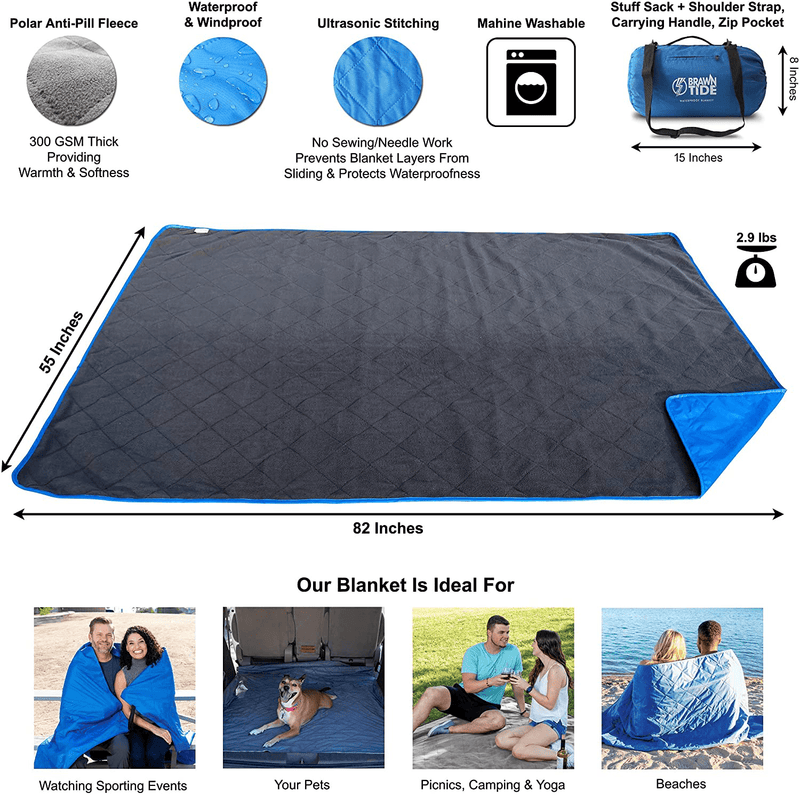 Brawntide Large Outdoor Waterproof Blanket - Quilted, Extra Thick Fleece, Warm, Windproof, Sandproof, Includes Stuff Sack, Shoulder Strap, Ideal Blanket for Beaches, Picnics, Camping, Stadiums, Dogs Home & Garden > Lawn & Garden > Outdoor Living > Outdoor Blankets > Picnic Blankets Aspiire Limited   