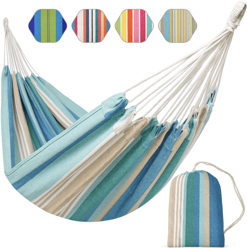 Brazilian Hammock Canvas Hammock Portable Blue Hammock with Carry Bag for Backyard, Porch, Outdoor and Indoor Use Blue & Green Stripes Home & Garden > Lawn & Garden > Outdoor Living > Hammocks INNO STAGE Blue Stripes  
